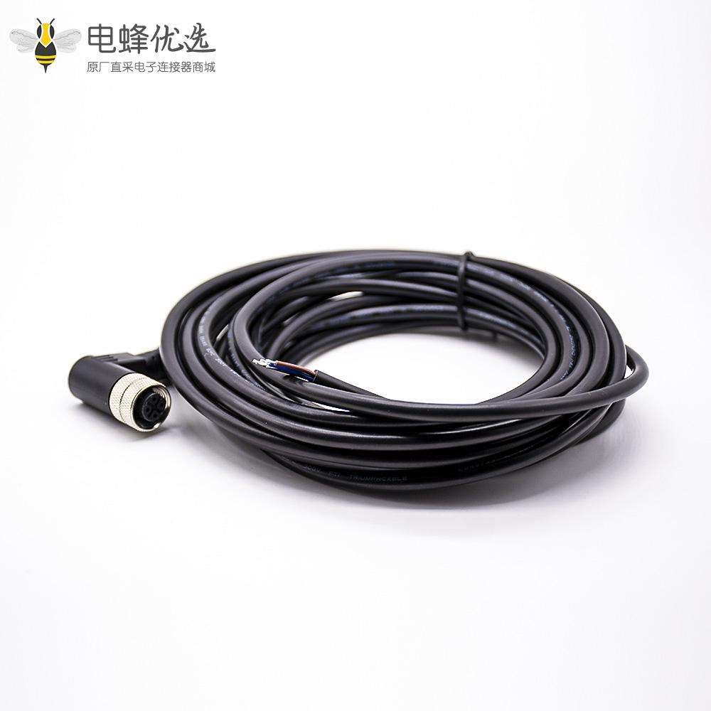 M12连接器4芯A编码母头90&deg;弯头注塑成型式带线5M不带屏蔽