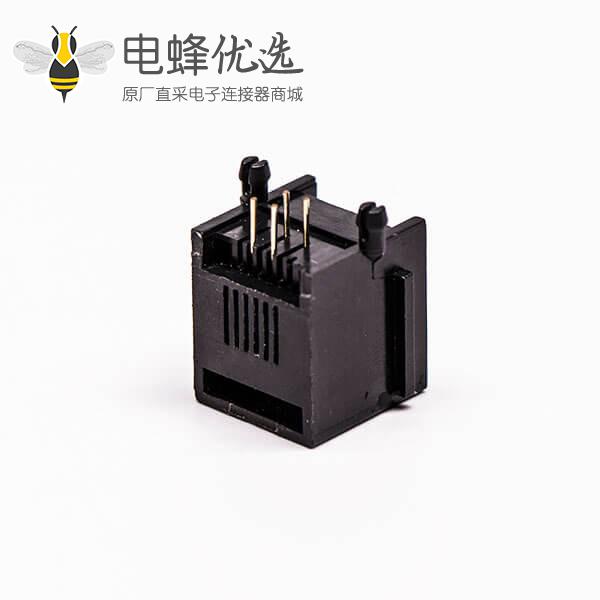 rj45口全塑单口4P网络黑色不带灯90&deg;接PCB板