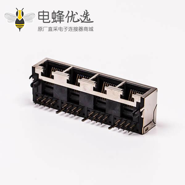 4口rj45插座母头带屏蔽铜壳90&deg;无灯接PCB板