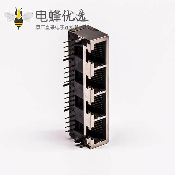 4口rj45插座母头带屏蔽铜壳90&deg;无灯接PCB板