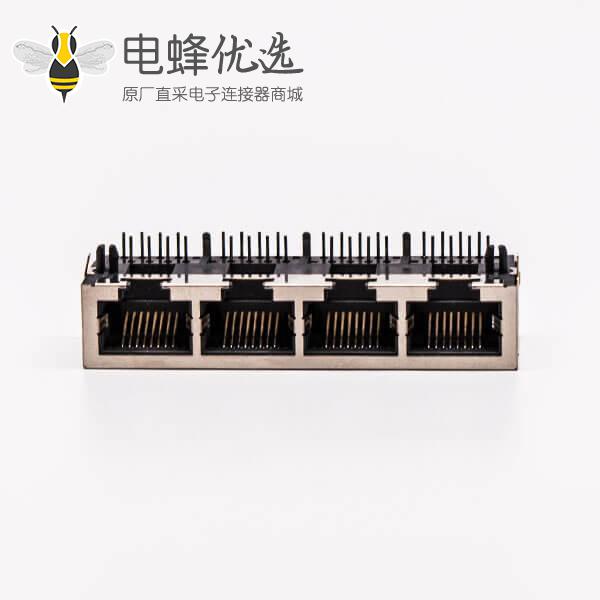 4口rj45插座母头带屏蔽铜壳90&deg;无灯接PCB板